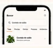 Tela de busca do app Kaktu, com filtros por plantas, diários, pessoas e ambientes