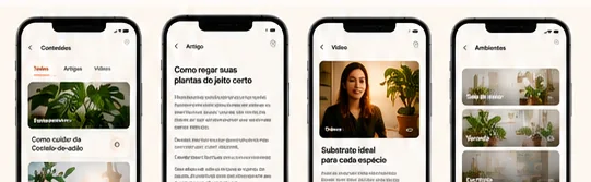 Quatro telas de conteúdo do app Kaktu: lista de artigos, artigo aberto, vídeo e ambientes