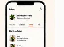 Tela de diário da planta no app Kaktu, com o histórico de cuidados por data