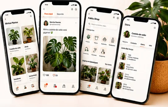 Quatro telas do aplicativo Kaktu lado a lado: Minhas Plantas, feed da comunidade, Kaktu Shop e Diário da planta