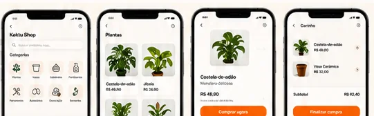 Quatro telas de compra no app Kaktu: categorias, lista de plantas, produto e carrinho