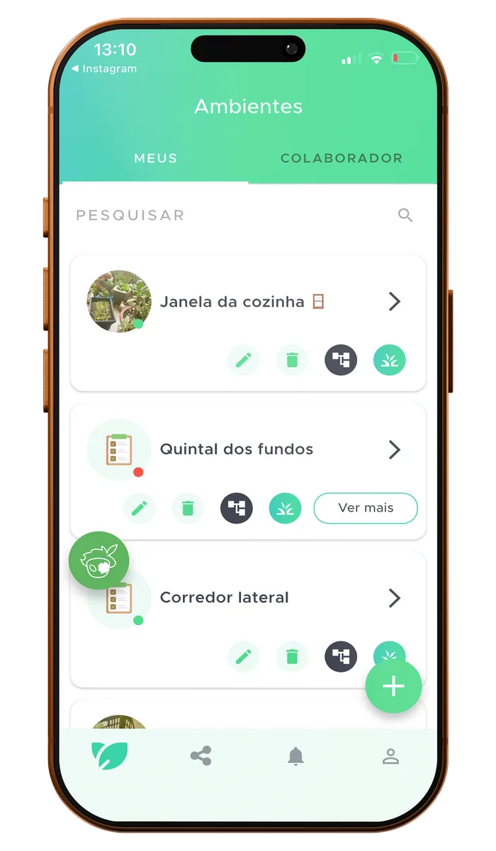 Tela de ambientes do aplicativo Kaktu, com as plantas agrupadas por cômodo da casa