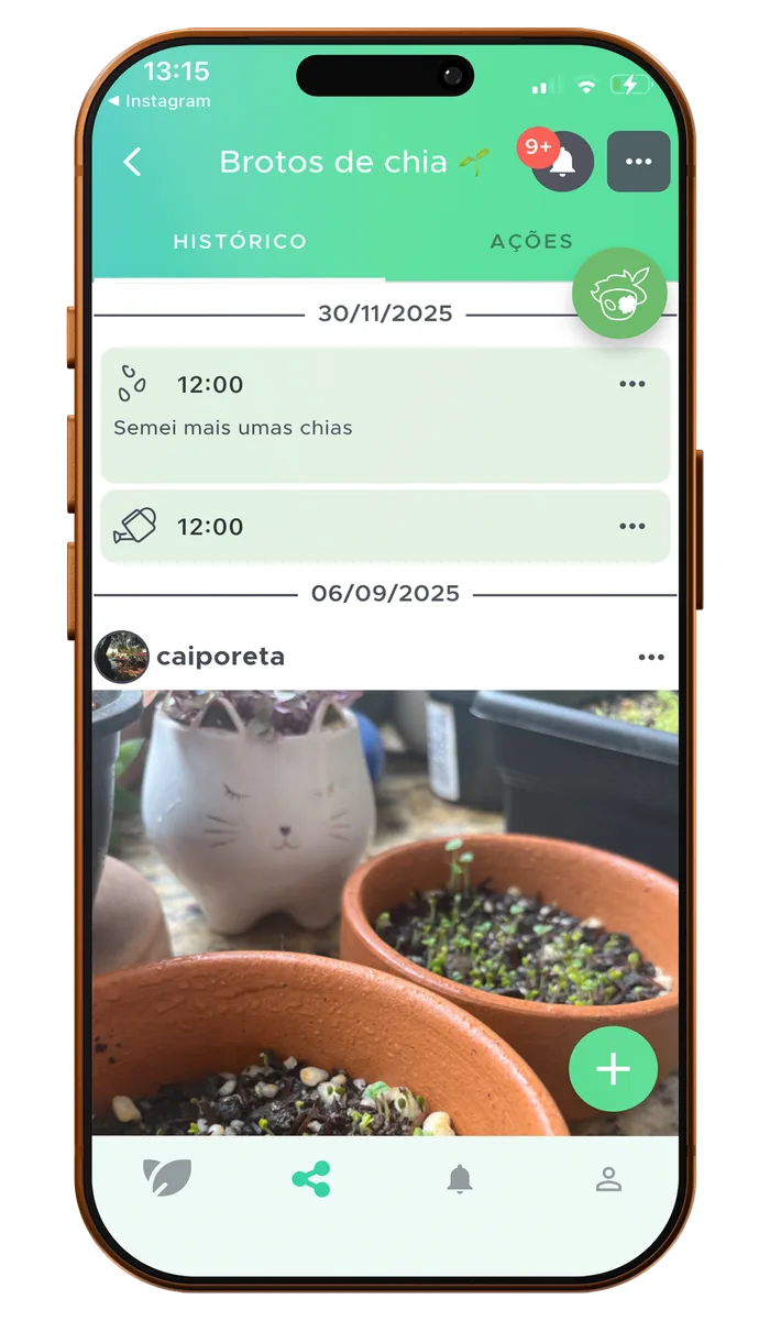 Tela do diário de cultivo do aplicativo Kaktu, com o histórico de regas e fotos em ordem de data