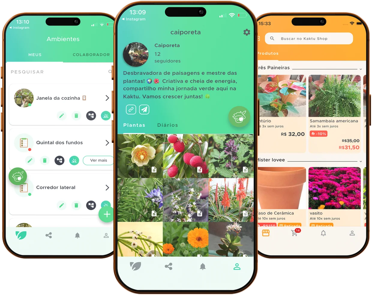 Três telas da Kaktu lado a lado: ambientes, perfil de cultivadora e Kaktu Shop