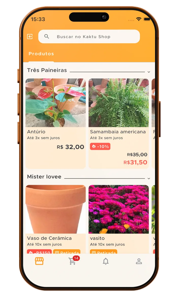 Tela do Kaktu Shop, o marketplace de plantas e insumos dentro do aplicativo