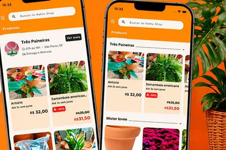 Duas telas do Kaktu Shop mostrando os produtos de uma loja parceira